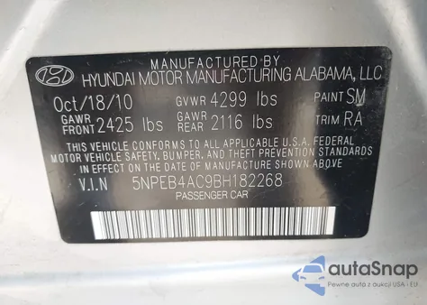 2011 Hyundai Sonata Gls from USA, damaged, VIN 5NPEB4AC9BH182268